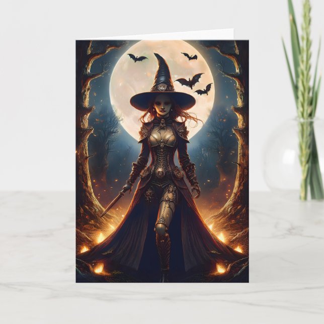 Tarjeta Bruja del bosque steampunk de Halloween (Anverso)