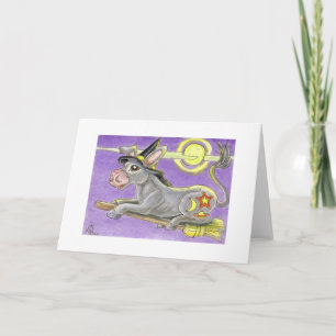 Tarjeta Bruja del burro de Halloween y escoba del vuelo