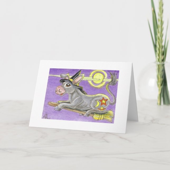 Tarjeta Bruja del burro de Halloween y escoba del vuelo (Anverso)
