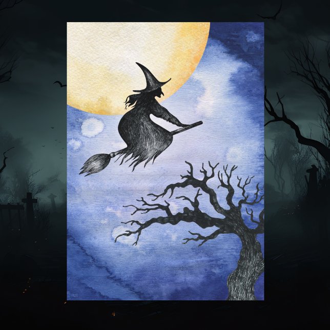 Tarjeta Bruja del vuelo del saludo del feliz Halloween (Happy Halloween Flying Witch Spooky Greeting Card)