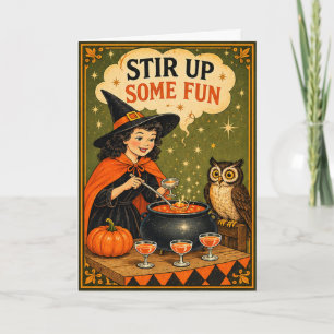 Tarjeta Bruja Divertida y Búho Vintage Halloween