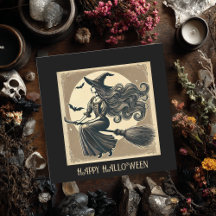 Bruja Elegante en Escoba Vintage Halloween Negro