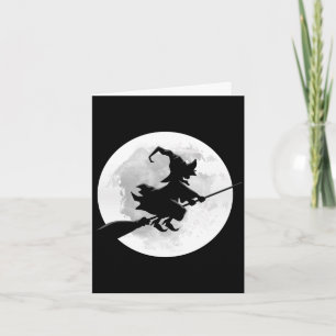 Tarjeta Bruja en escoba con diseño divertido de luna llena