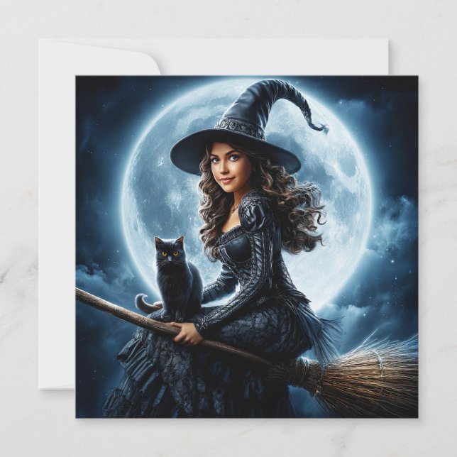 Tarjeta Bruja en escoba con gato negro (Anverso)