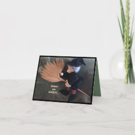 Tarjeta Bruja en una habitación humorística