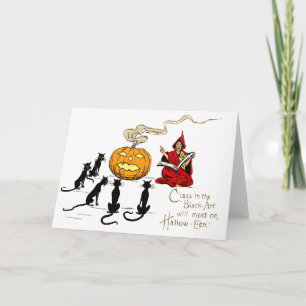 Tarjeta Bruja enseñando Jack O' Lantern a gato negro