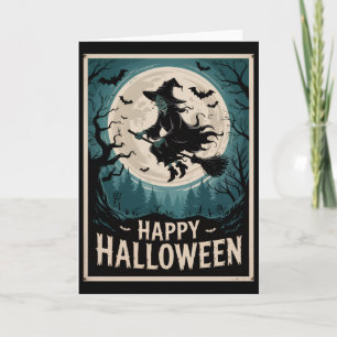 Tarjeta Bruja espeluznante de Halloween volando a través d