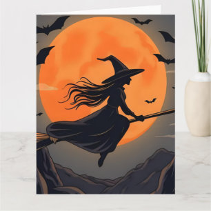 Tarjeta Bruja Espeluznante Escoba Voladora Luna Llena Nara