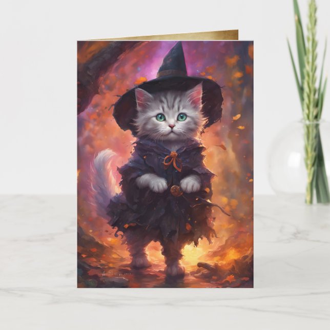 Tarjeta Bruja gatita, bruja felina feliz de Halloween (Anverso)