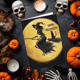 Tarjeta Bruja Gato Esqueleto Luna Terrorífico Horror Hallo