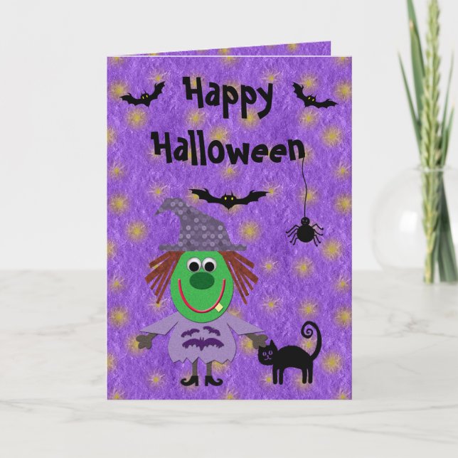 Tarjeta Bruja, gato, murciélago y araña morado Halloween (Anverso)