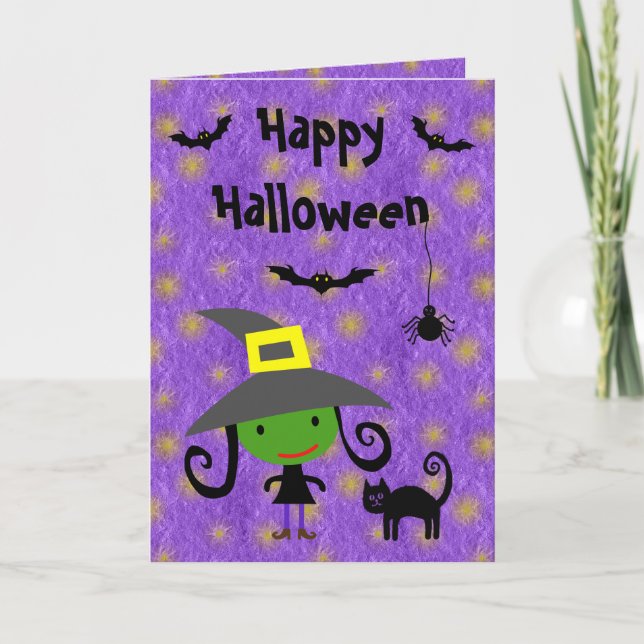 Tarjeta Bruja, gato, murciélago y araña morado Halloween (Anverso)