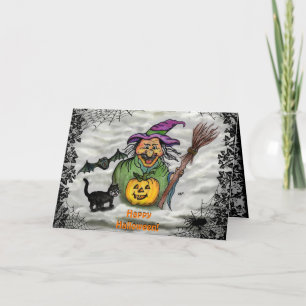 Tarjeta Bruja, gato, murciélago y calabaza, ¡Feliz Hallowe