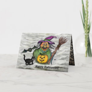 Tarjeta Bruja, Gato, Murciélago y Calabaza, ¡Feliz Hallowe