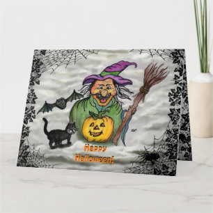 Tarjeta Bruja, Gato, Murciélago y Calabaza, ¡Feliz Hallowe