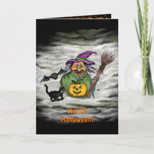 Tarjeta Bruja, Gato, Murciélago y Calabaza, ¡Feliz Hallowe