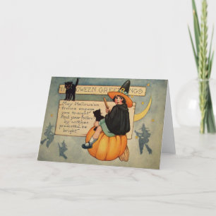Tarjeta Bruja Gato Negro Calabaza Luna Creciente