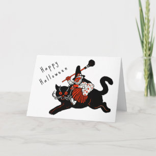 Tarjeta Bruja Gato Negro Halloween Art Deco Vintage Años 2