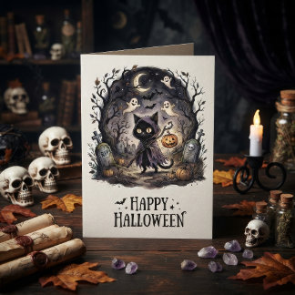 Tarjeta Bruja Gato Negro Lindo Halloween