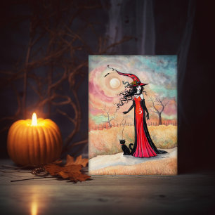 Tarjeta Bruja Gato Paseo Otoñal Arte de Halloween