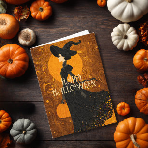 Tarjeta Bruja Gótica Calabaza Halloween Elegante Art Nouve