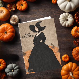 Tarjeta Bruja Gótica Calabaza Halloween Elegante Art Nouve