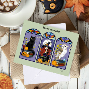Tarjeta Bruja Gótica Gato Negro Búho Halloween Art Nouveau