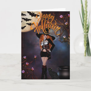 Tarjeta Bruja gótica y su gato negro feliz Halloween