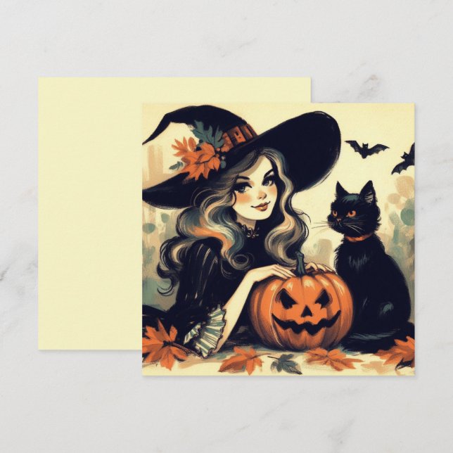 Tarjeta Bruja Halloween retro con gato negro y calabaza (Anverso / Reverso)