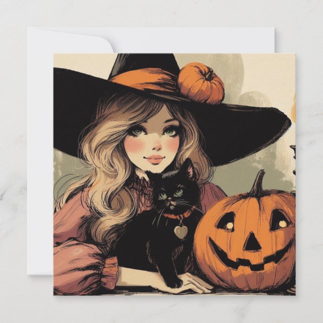 Tarjeta Bruja Halloween retro con gato negro y calabaza (Anverso)