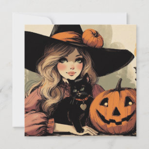 Tarjeta Bruja Halloween retro con gato negro y calabaza