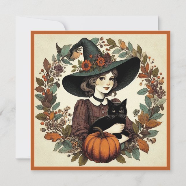 Tarjeta Bruja Halloween retro con gato negro y calabaza (Anverso)