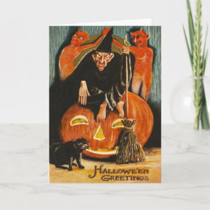Tarjeta Bruja Jack O Lantern Demonio Demonio Negro Gato