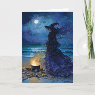 Tarjeta Bruja junto al mar iluminado por la luna