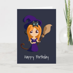 Tarjeta Bruja Linda con Sombrero Púrpura Feliz Cumpleaños