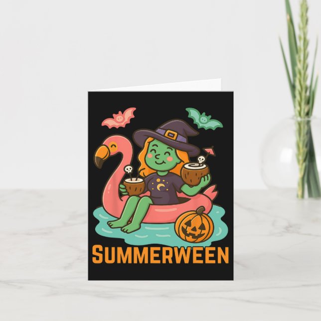 Tarjeta Bruja Linda Divertida de Summerween Flotando en Fl (Anverso)