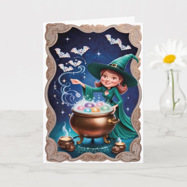 Tarjeta Bruja mágica de Halloween con Cauldron (Planta pequeña)