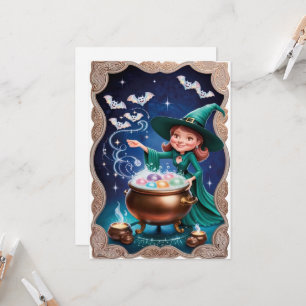 Tarjeta Bruja mágica de Halloween con Cauldron