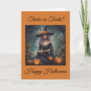 Tarjeta Bruja malhumorada trucos o regalos Feliz Halloween