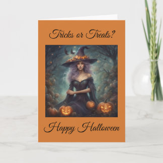 Tarjeta Bruja malhumorada trucos o regalos Feliz Halloween
