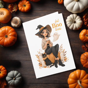 Tarjeta Bruja niña café gato y calabaza Halloween lindo