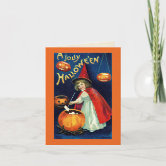 Tarjeta Bruja niña vintage alegre de Halloween