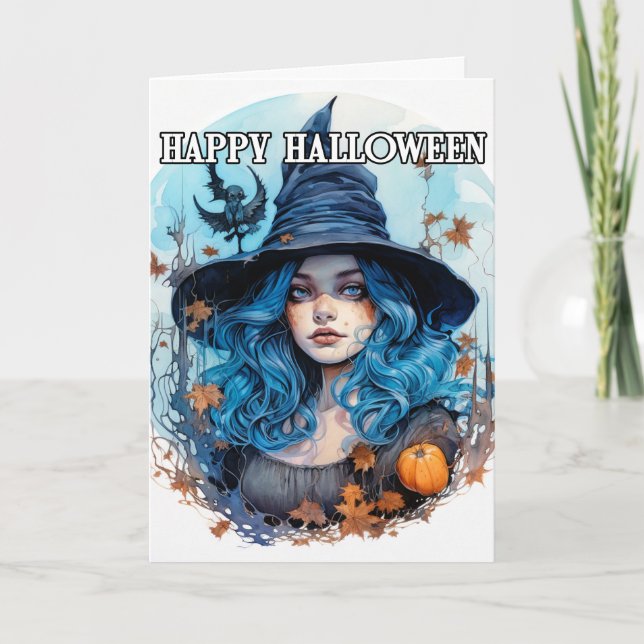 Tarjeta Bruja otoñal | Feliz Halloween (Anverso)