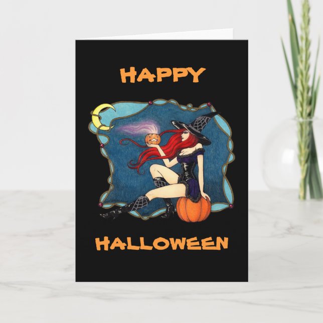 Tarjeta Bruja pelirroja Halloween (Anverso)
