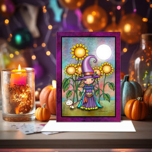 Tarjeta Bruja Pequeña Girasol Lindo Arte de Halloween
