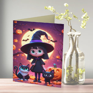 Tarjeta Bruja pequeña y linda con gatos y calabazas, perso