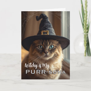 Tarjeta Bruja PURR-sona con gato de bruja de Halloween