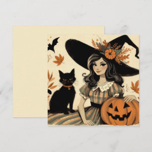 Tarjeta Bruja Retro de Halloween y Gato Negro Lindo