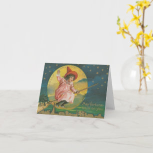 Tarjeta Bruja Rosa de Halloween Alegre en Escoba Vintage