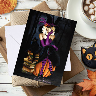 Tarjeta Bruja Rubia Juguetona Calabaza Fantasía Púrpura